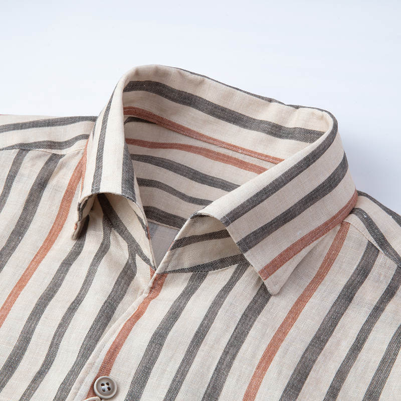 【精品衬衫】复古条纹一片领休闲水洗衬衫